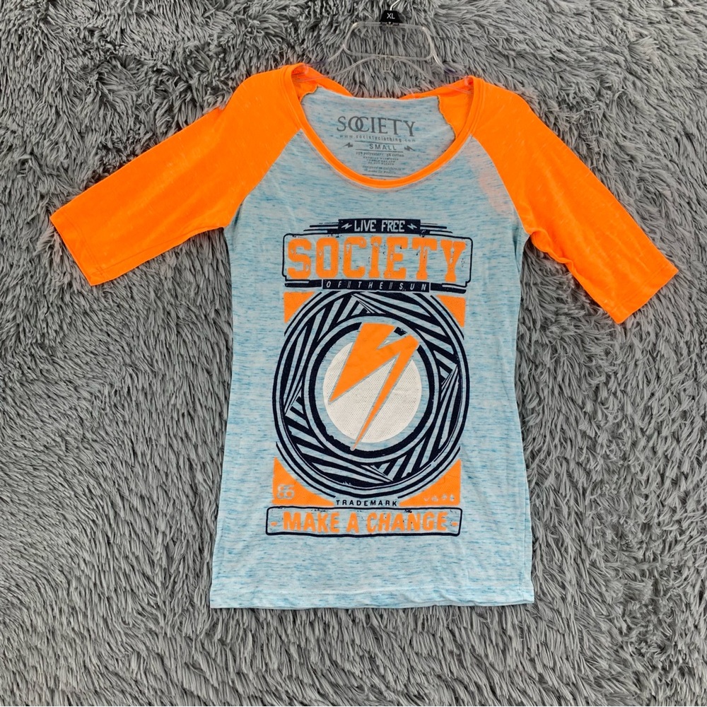 Society Tshirt Womens Small Orange Blue Heathered Spellout Shirt